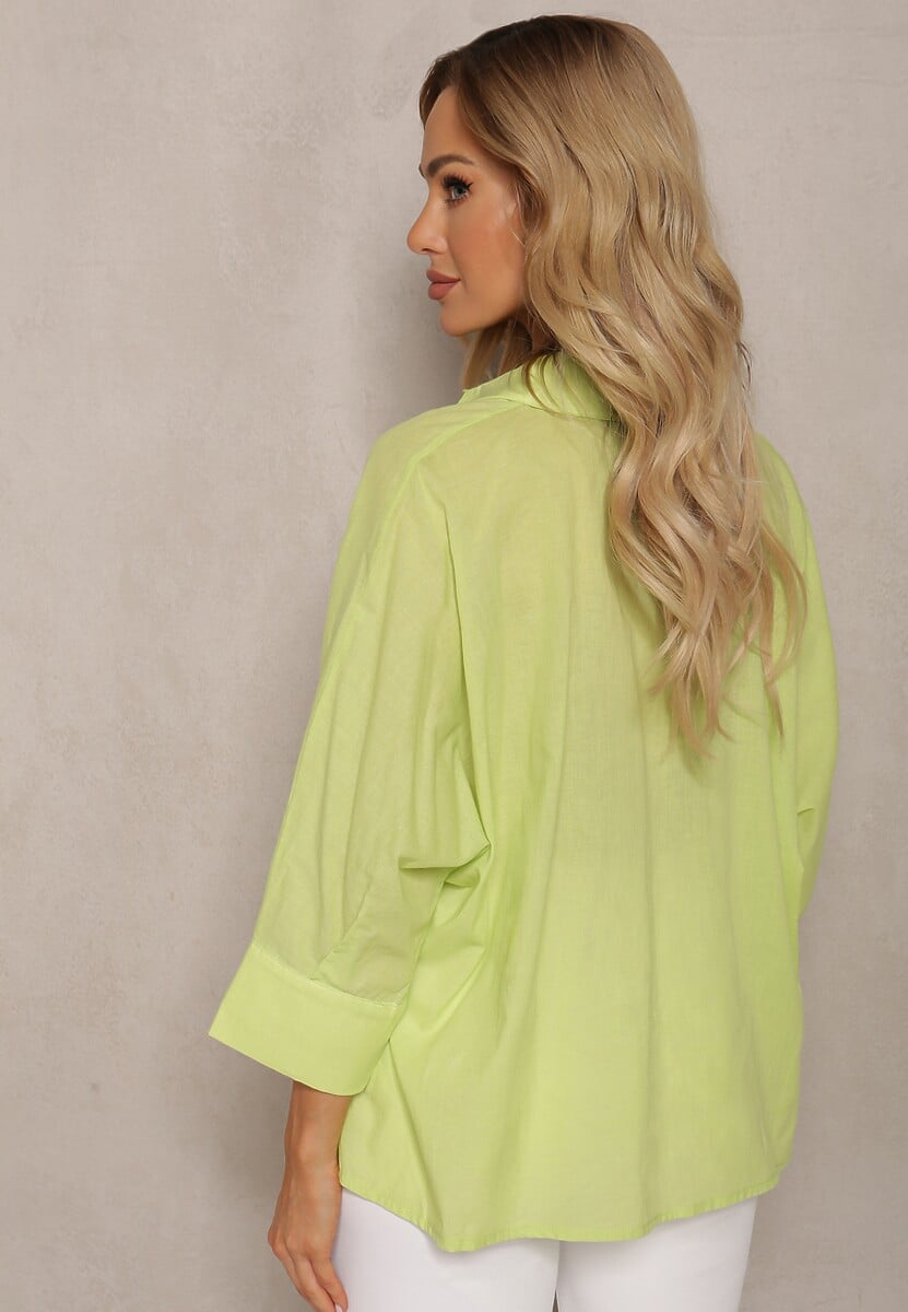 Jasnozielona Koszula z Bawełny Rękawy 3/4 Typu Nietoperz Delilatia