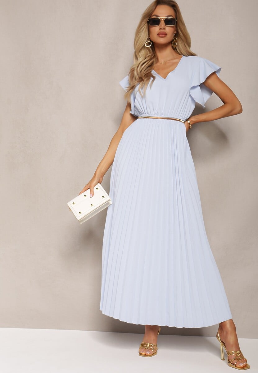 Jasnoniebieska Rozkloszowana Sukienka z Plisami Maxi z Falbankami przy Ramionach Nethula