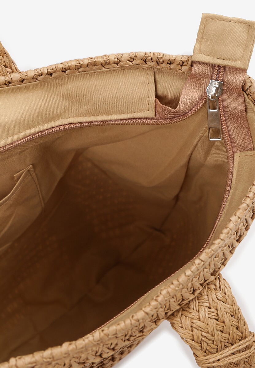 Ciemnobeżowa Torebka z Plecionki z Frędzlem i Koralikami Rinazelia