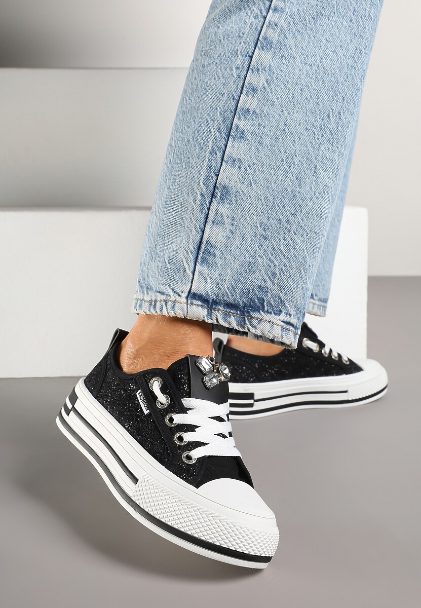 Czarne Trampki na Platformie z Cyrkoniami i Koronką Nusilwen