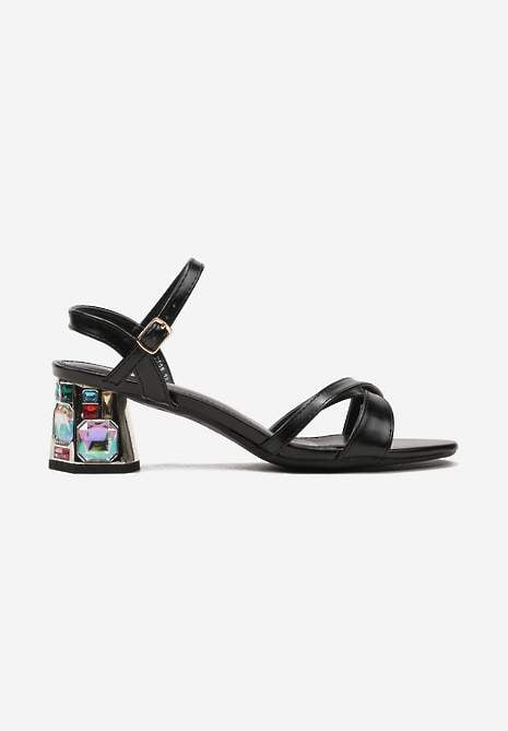 Czarne Sandały na Niskim Słupku z Metalicznym Obcasem Wykończonym Cyrkoniami Nicotia