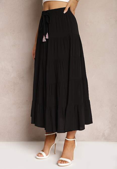 Czarna Wiskozowa Spódnica High Waist o Rozkloszowanym Kroju z Wiązaniem i Gumką w Talii Leceviana