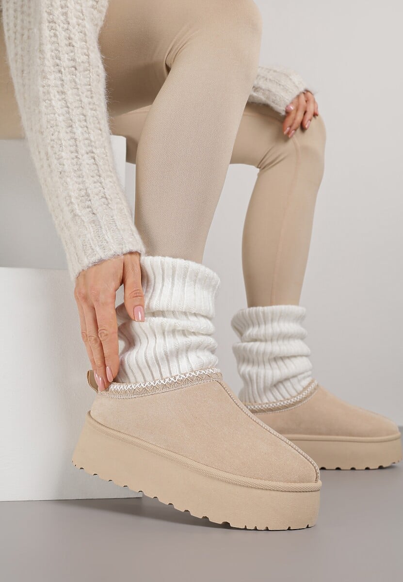 Brązowe Śniegowce z Ekozamszu na Platformie z Niską Cholewką z Ozdobnym Haftem Garvia