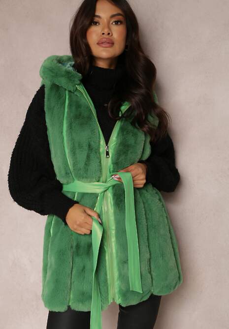Zielona Kamizelka Futrzana z Wstawkami z Ekoskóry i Kapturem Lemize
