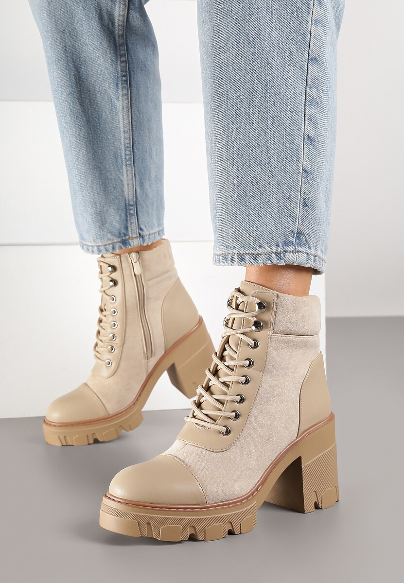 Beżowe Botki na Obcasie z Platformą Ozdobione Wstawkami Ezilda