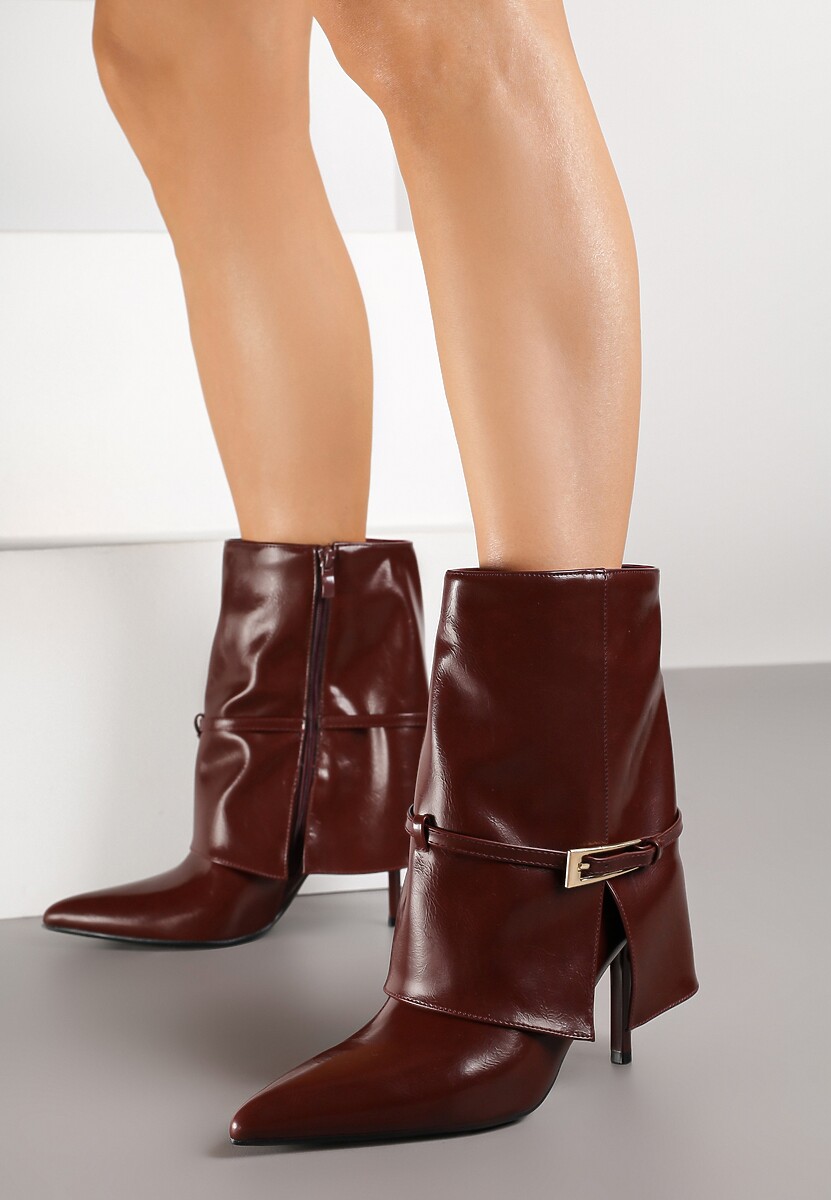 Bordowe Botki na Szpilce Ozdobione Paskiem i Wywiniętą Cholewką Latasea