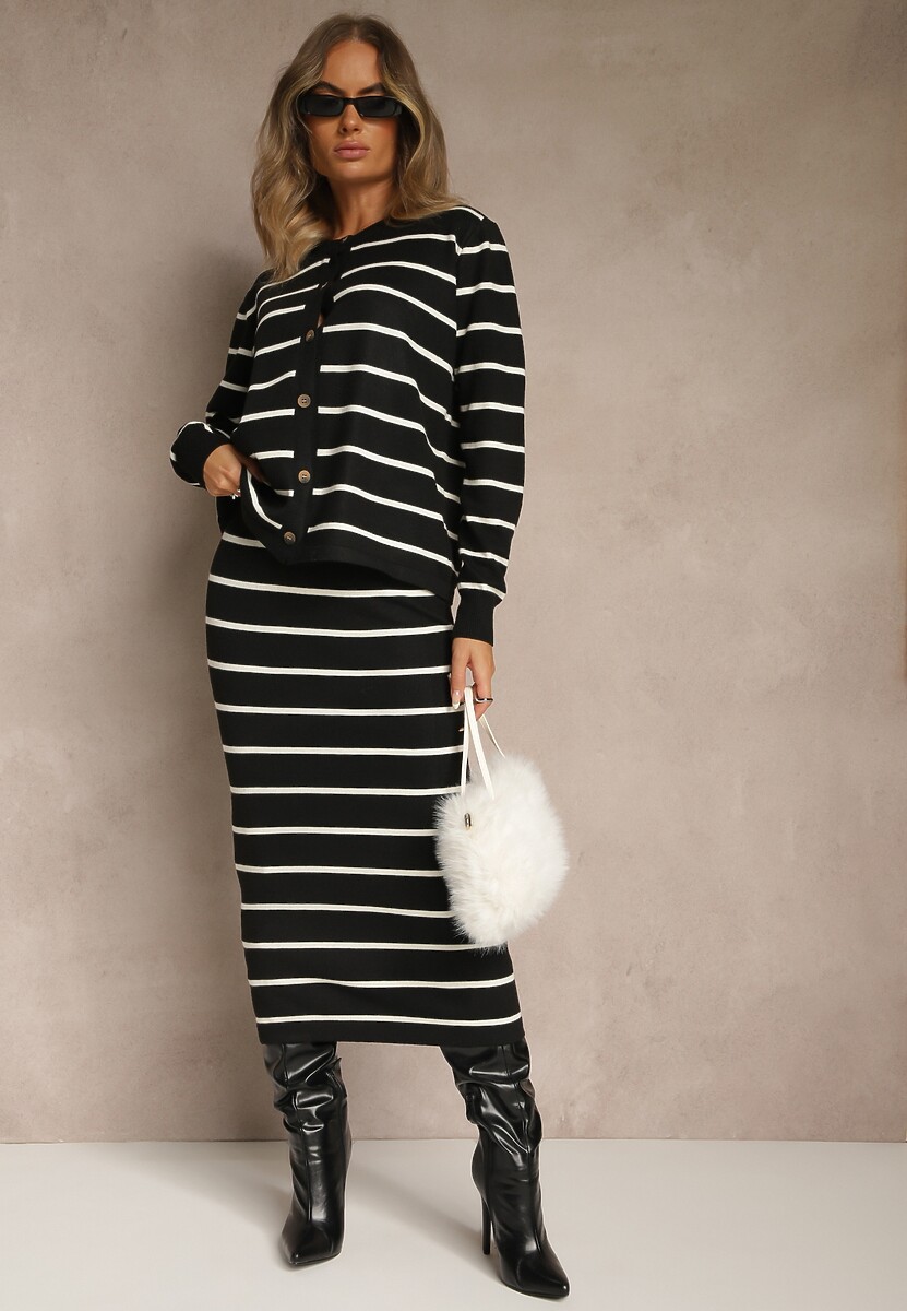 Czarny Komplet z Wiskozą Spódnica i Bluzka z Guzikami Ozdobione Paskami Forrive