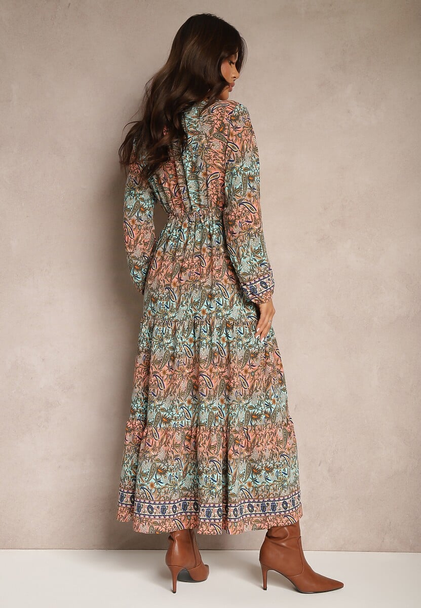 Zielona Sukienka z Dekoltem w V o Rozkloszowanym Fasonie w Print Paisley Akka