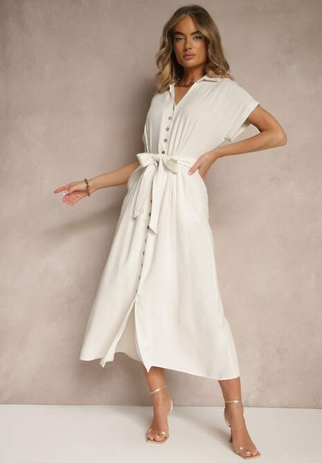 Jasnobeżowa Sukienka z Wiskozy i Lnu o Koszulowym Kroju z Paskiem Efralissea