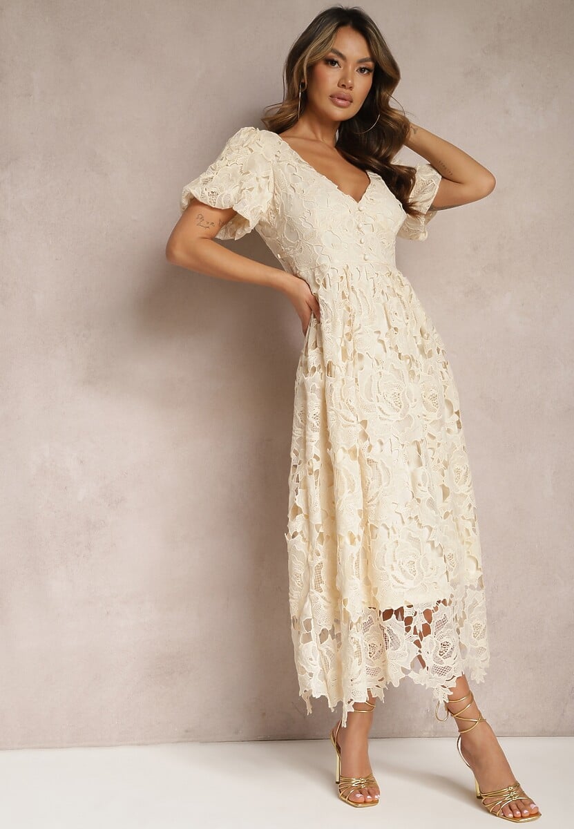 Jasnobeżowa Koronkowa Sukienka Koktajlowa z Głębokim Trójkątnym Dekoltem Wrenna