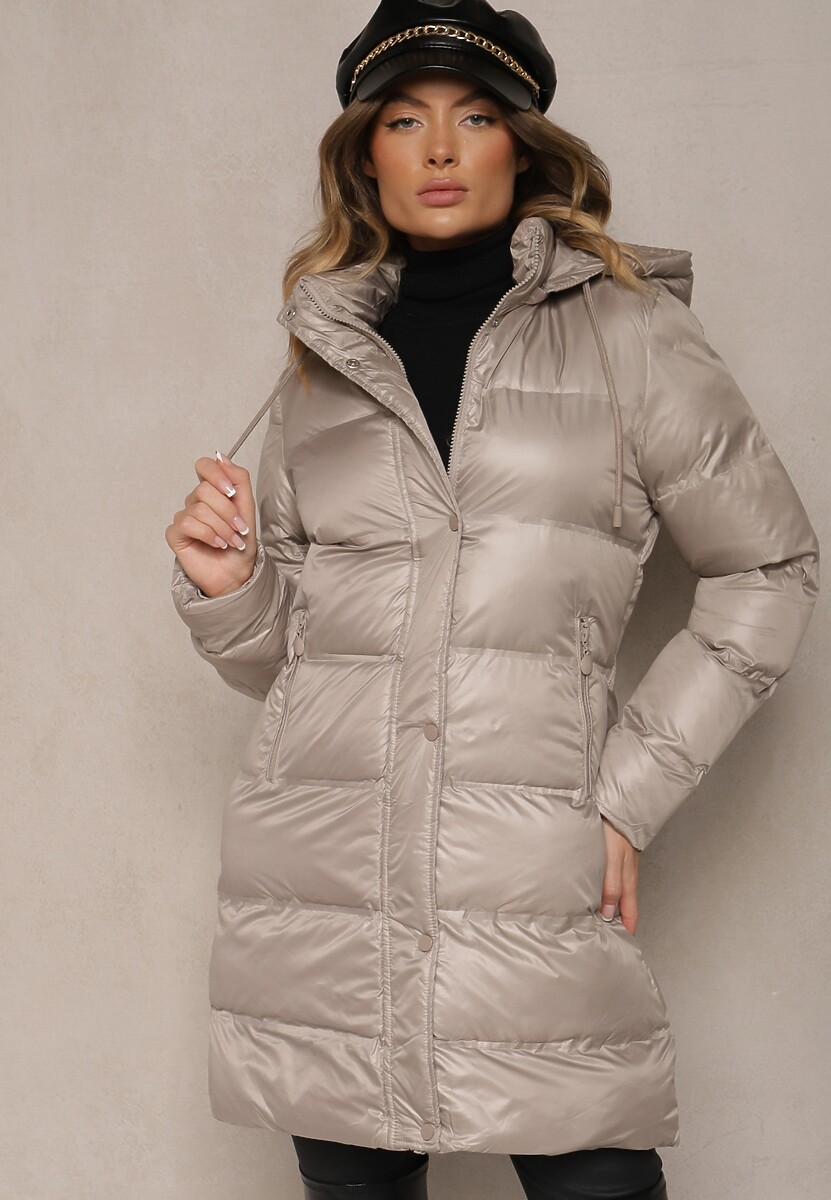 Brązowa Długa Kurtka z Kapturem Kieszeniami i Dwustronnym Suwakiem Zdobiona Pikowaniem Sanaviel