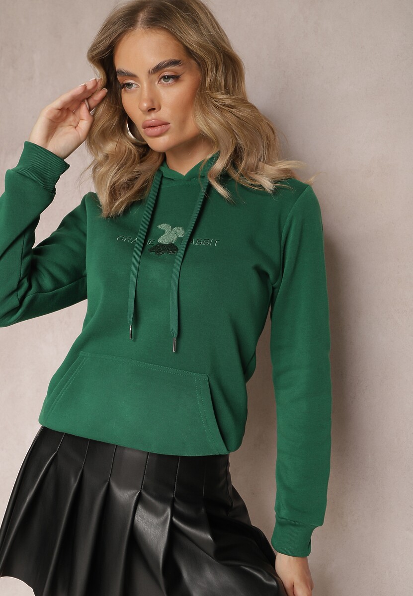 Zielona Ocieplona Bluza z Kapturem Ozdobiona Naszywką i Napisem Eirellia