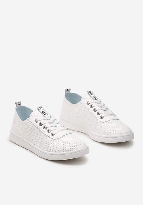 Biało-Szare Tenisówki Ozdobione Taśmą z Napisem na Języku i Pięcie Cholewka z Perforacją Aelita