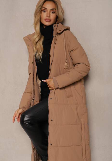 Beżowa Długa Kurtka Pikowana z Odpinanym Kapturem i Rozcięciami na Napy Nissira
