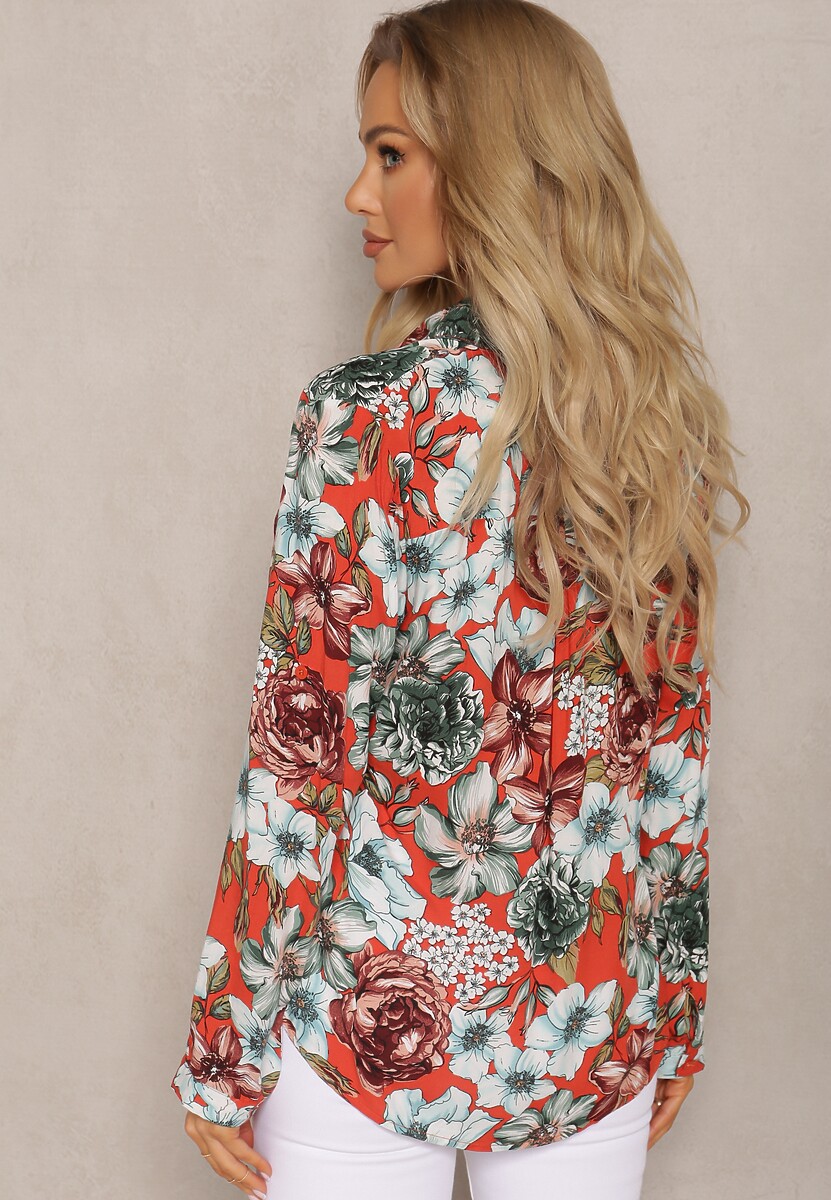 Czerwona Koszula z Podpinanymi Rękawami w Kwiaty z Wiskozy Roxie