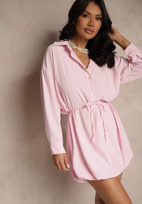 Różowa Sukienka Koszulowa o Fasonie Balloon z Wiązaniem w Talii Vorema