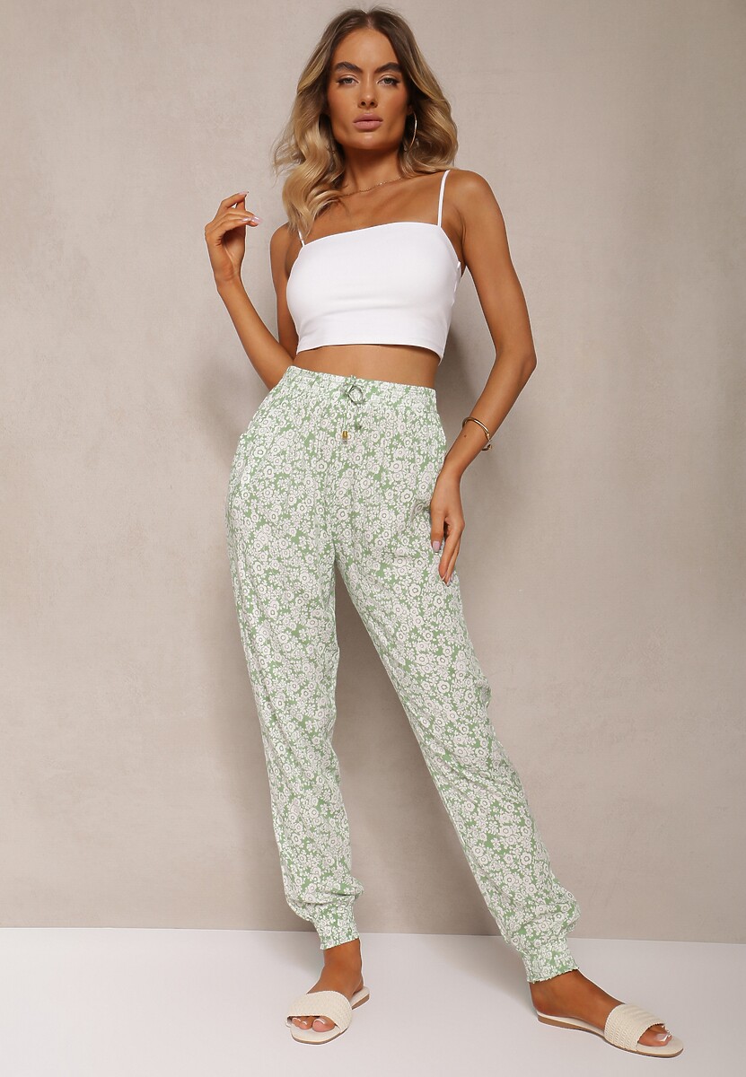 Jasnozielone Wiskozowe Spodnie w Kwiaty z Gumką w Pasie Rivabele