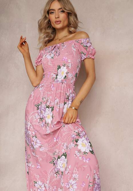 Różowa Sukienka Maxi z Ozdobnym Dekoltem i Cienkimi Gumkami Nesaina