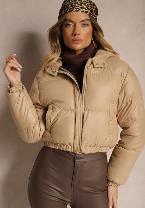 Ciemnobeżowa Pikowana Kurtka z Nieodpinanym Kapturem o Krótkim Kroju Tinneira