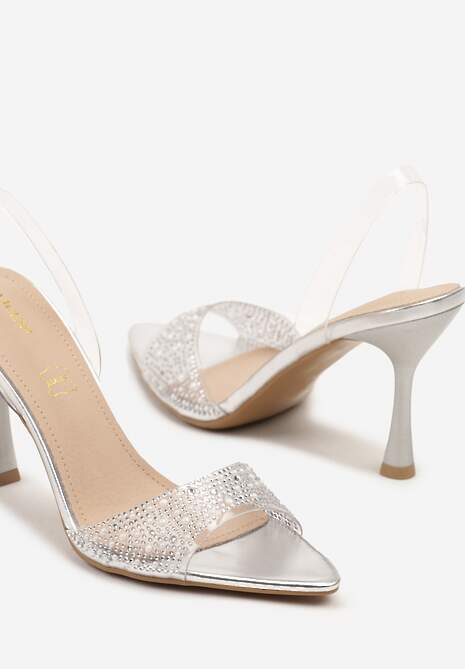 Srebrne Sandały Vices na Szpilce z Wkładką ze Skóry Naturalnej z Cyrkoniami Lumerelle