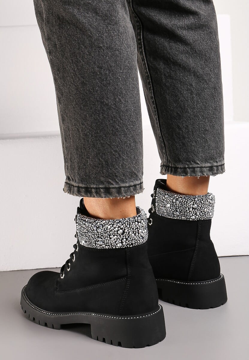 Czarne Botki Traperki na Płaskiej Podeszwie z Przeszyciami i Cyrkoniami Flurella