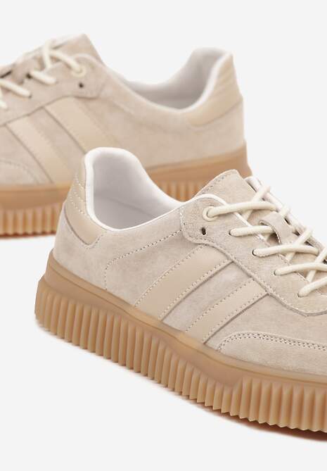 Beżowe Zamszowe Sneakersy Tenisówki z Wkładką ze Skóry Naturalnej Ozdobione Tłoczeniem Meluella