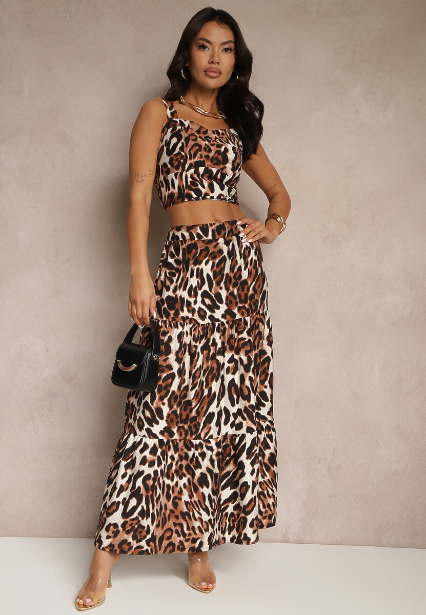 Brązowy Komplet w Cętki z Długą Spódnicą i Topem Ovilara