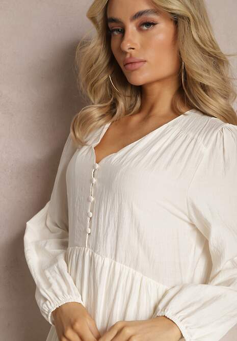 Jasnobeżowa Rozkloszowana Sukienka Pudełkowa Maxi z Ozdobnymi Guzikami Nervatti