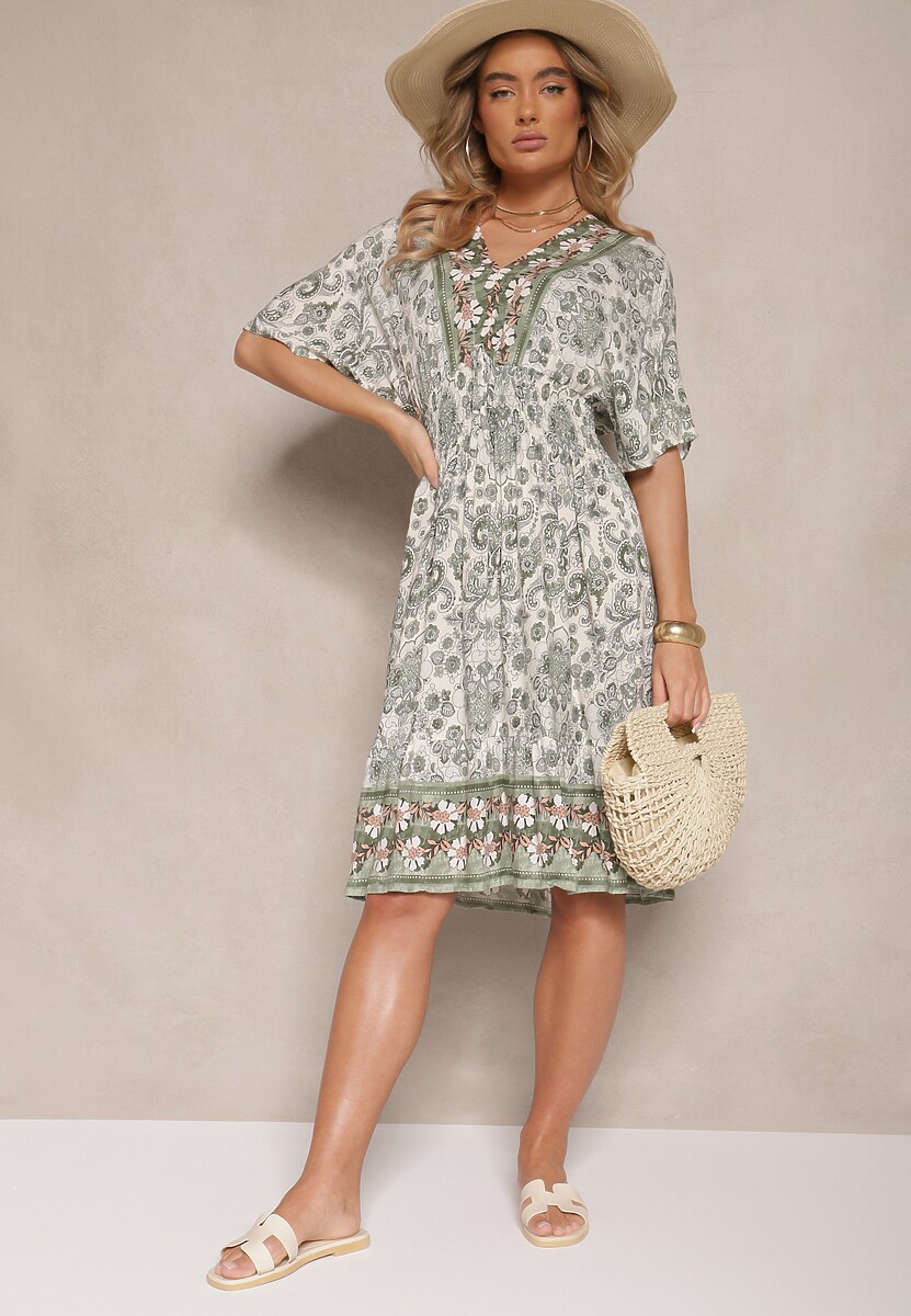 Ciemnozielona Wiskozowa Sukienka w Ornamentalny Print z Szeroką Gumką w Talii Danissna