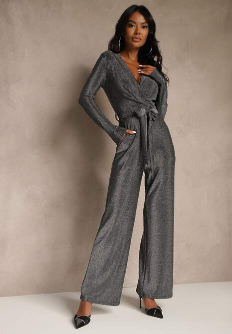 Srebrny Kopertowy Kombinezon z Wiskozą Wiązany w Talii Paskiem Temionna