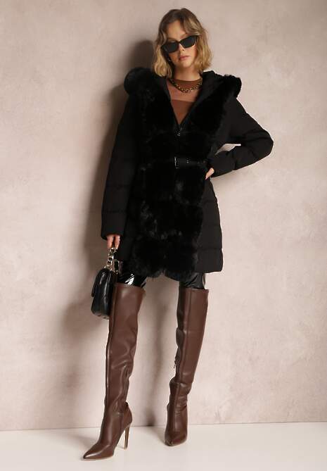 Czarna Kurtka Pikowana z Futerkiem Kove