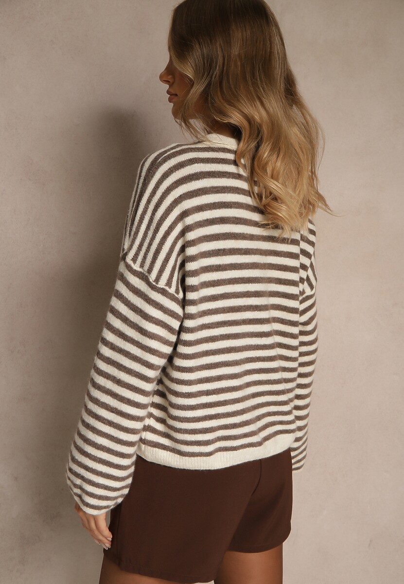 Jasnobeżowy Oversizowy Sweter w Paski z Domieszką Wełny i Wiskozy Tidania