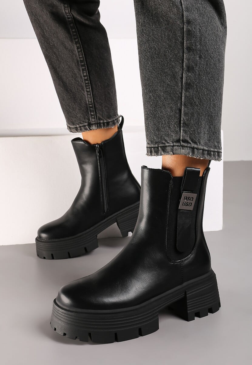 Czarne Botki Sztyblety na Platformie i Słupku Wykończone Elastyczną Gumką Zaliefra