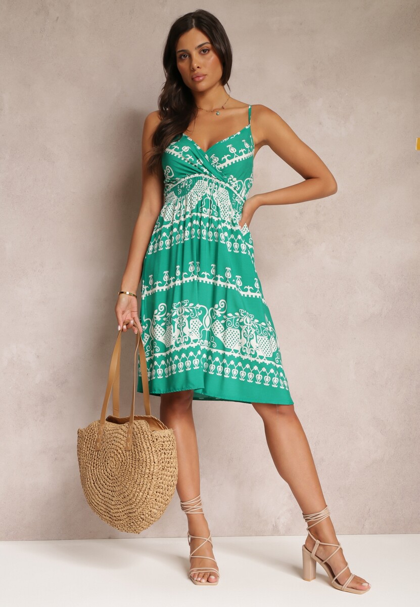 Zielona Wiskozowa Sukienka z Gumką w Pasie w Etno Wzór Placenta