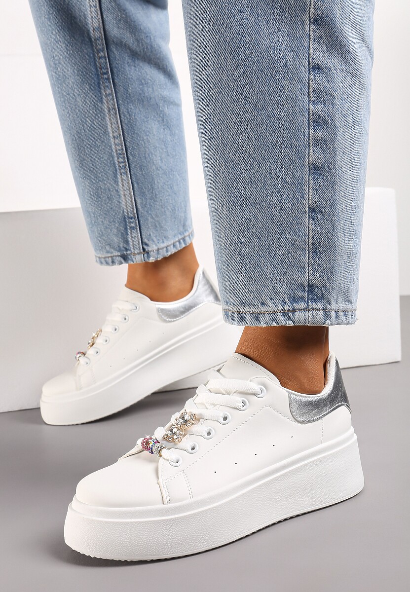 Biało-Srebrne Sneakersy z Cyrkoniami na Sznurówkach z Platformą Nomiji