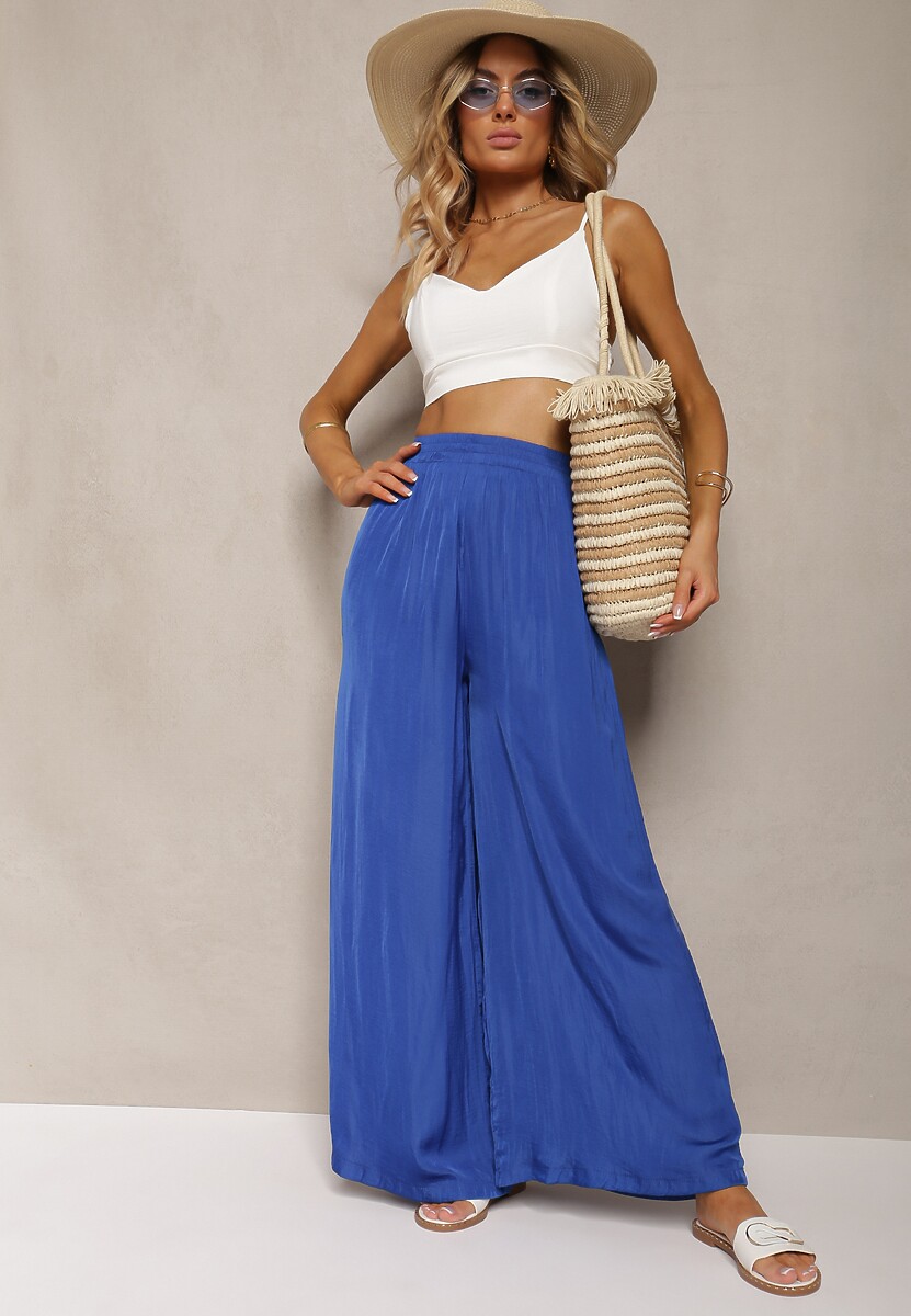 Granatowe Spodnie High Wiast z Wiskozą i Szerokimi Nogawkami Osevia