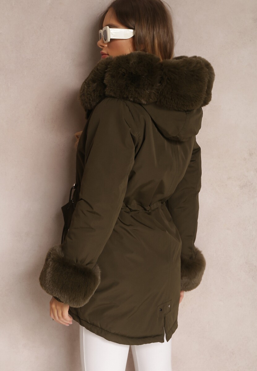 Ciemnozielona Kurtka Parka z Futerkiem i Szerokim Kapturem Florion