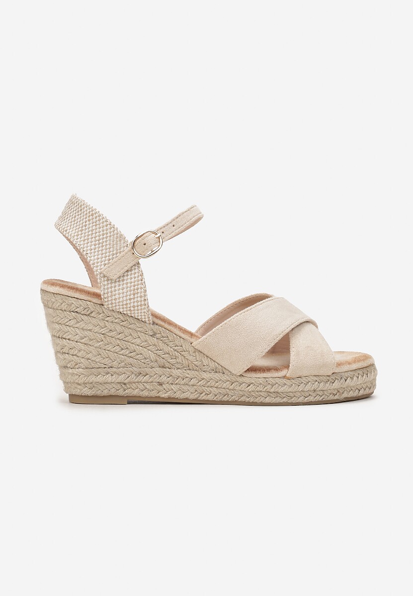 Beżowe Sandały na Koturnie Ozdobionym Sznurkiem z Juty Starla