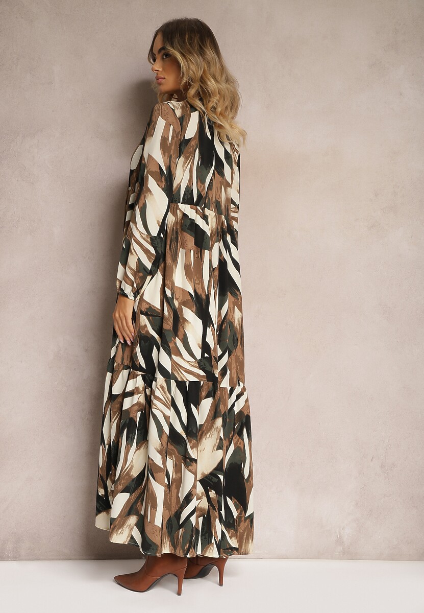 Beżowo-Brązowa Rozkloszowana Sukienka o Koszulowym Fasonie w Abstrakcyjny Print Asequa