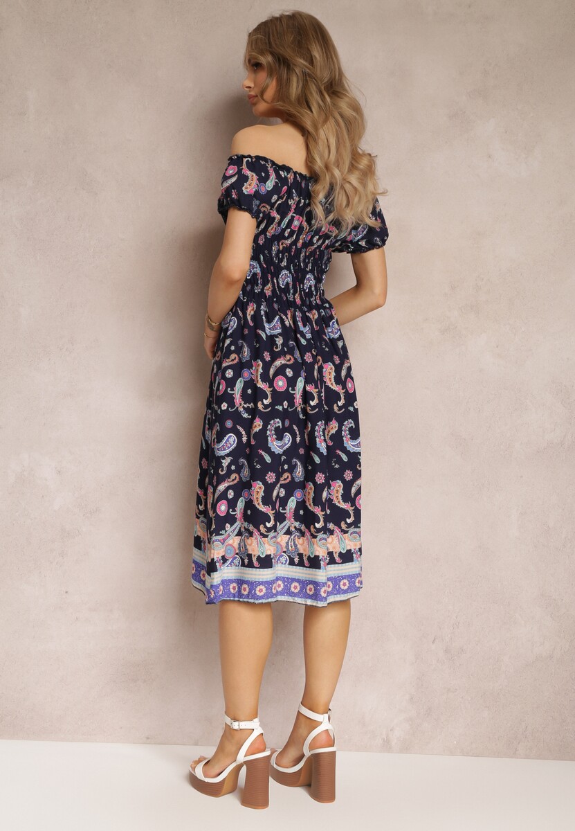 Granatowa Bawełniana Sukienka Hiszpanka z Gumką w Pasie i Wzorem Paisley Maggies
