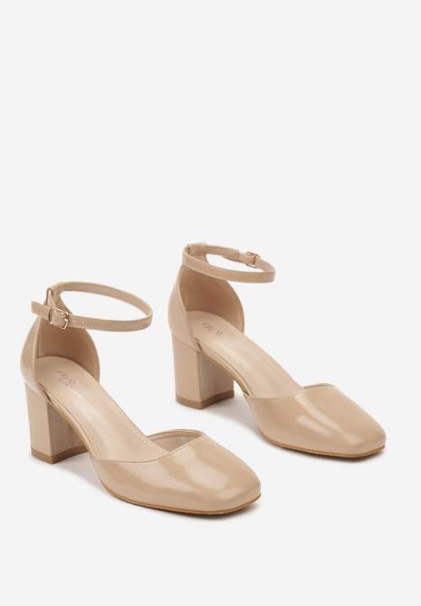 Beżowe Czółenka z Lakierowanej Ekoskóry ze Sprzączką i Słupkiem Voretia