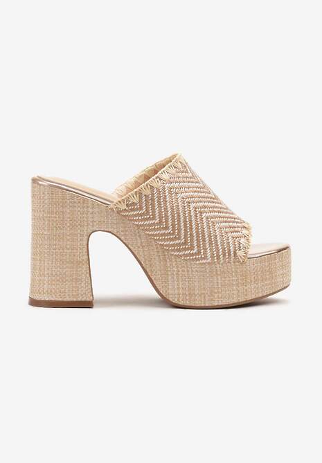 Szampańskie Klapki na Platformie i Słupku Ozdobione Geometrycznym Motywem Ndivana