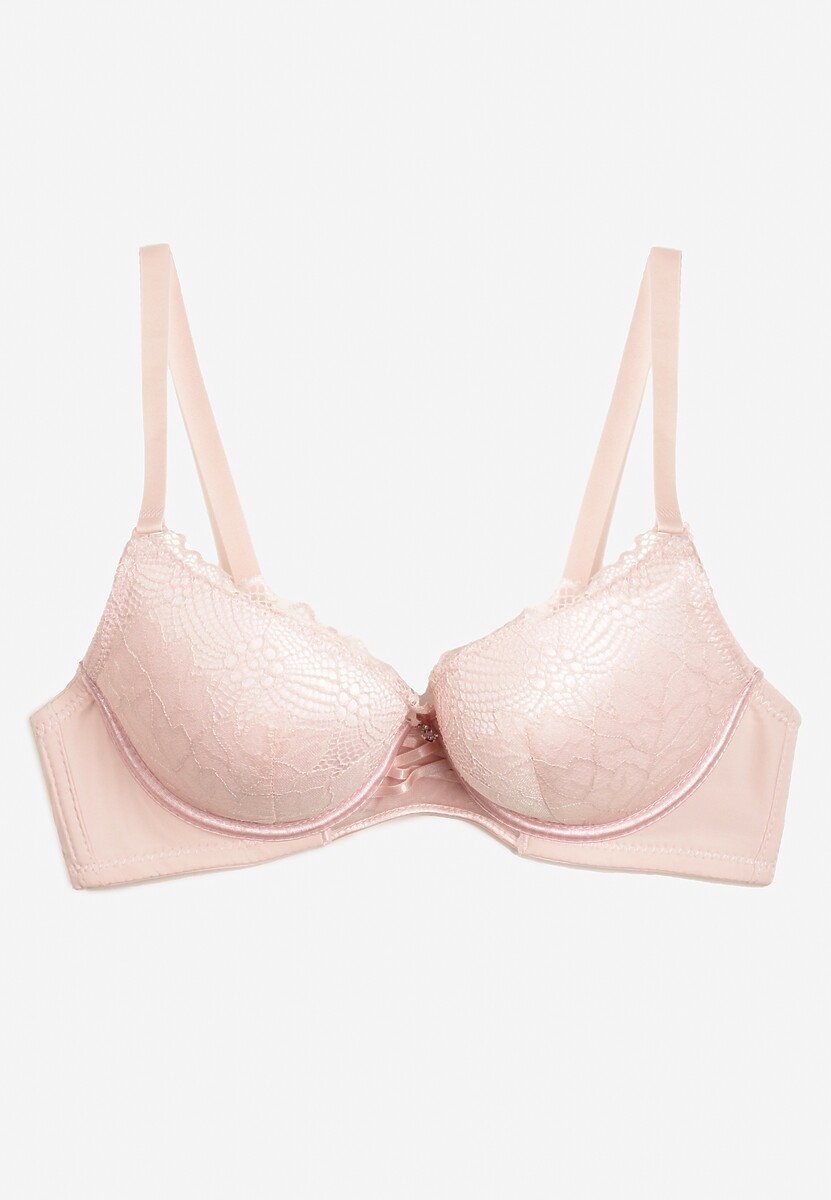 Różowy Biustonosz Push Up z Ozdobną Koronką i Zawieszką Gialine