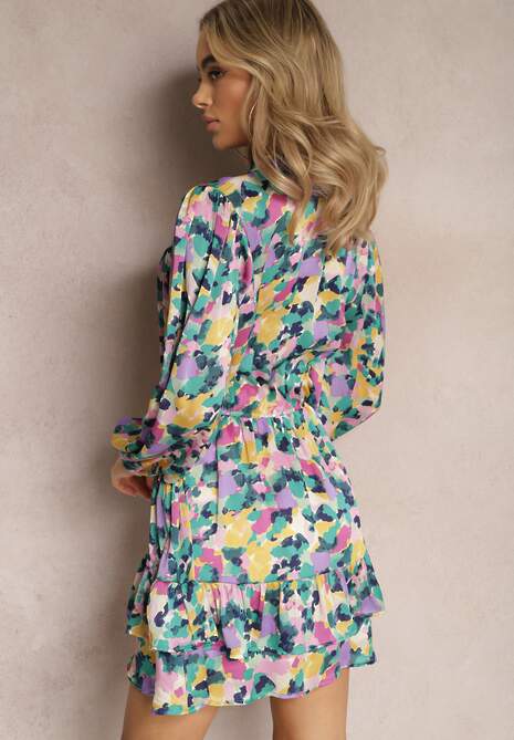 Fioletowo-Zielona Kolorowa Sukienka Mini o Rozkloszowanym Fasonie z Falbanką Gialuna