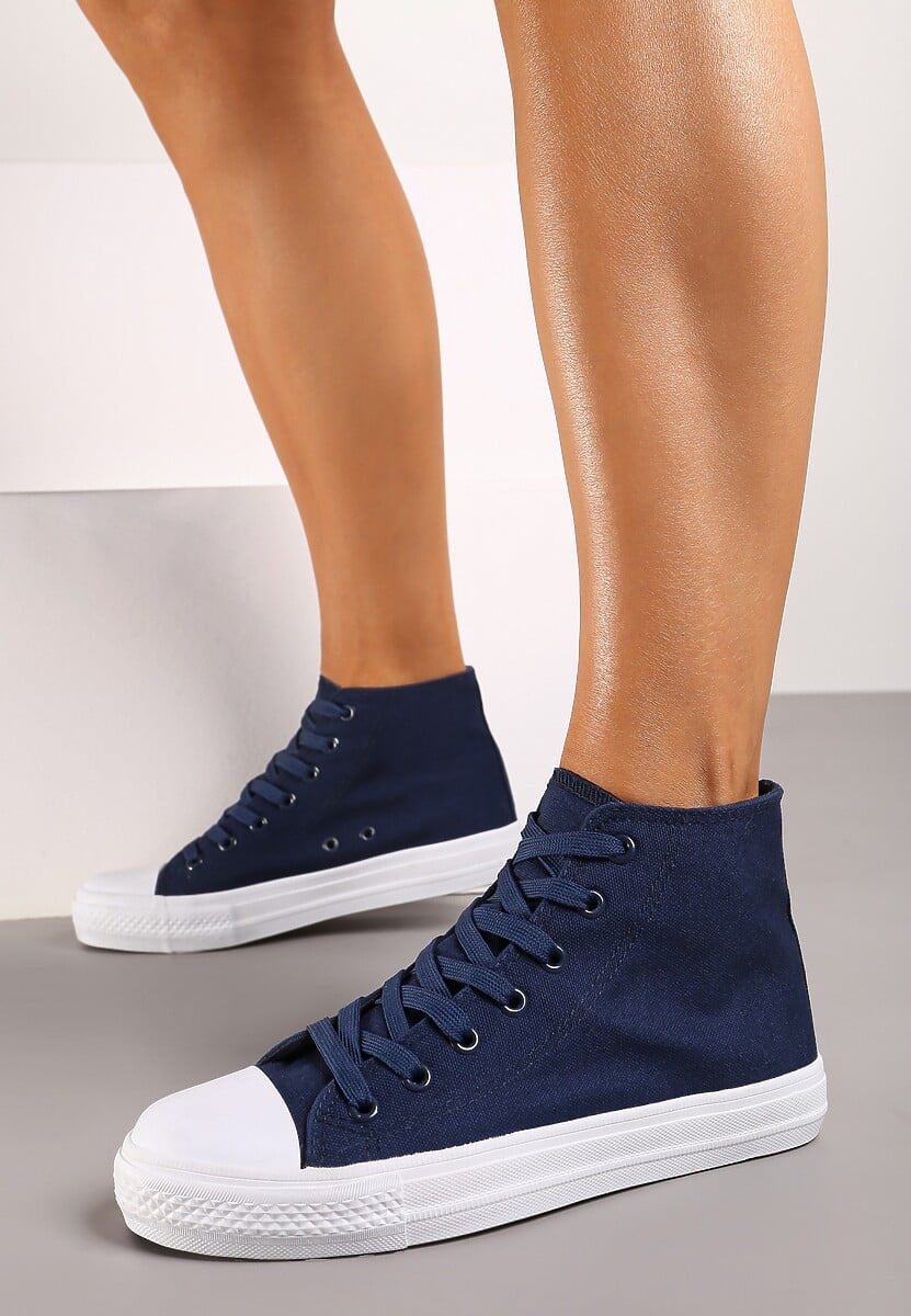 Granatowe Trampki z Wysoką Cholewką i Sznurowaniami Relagia