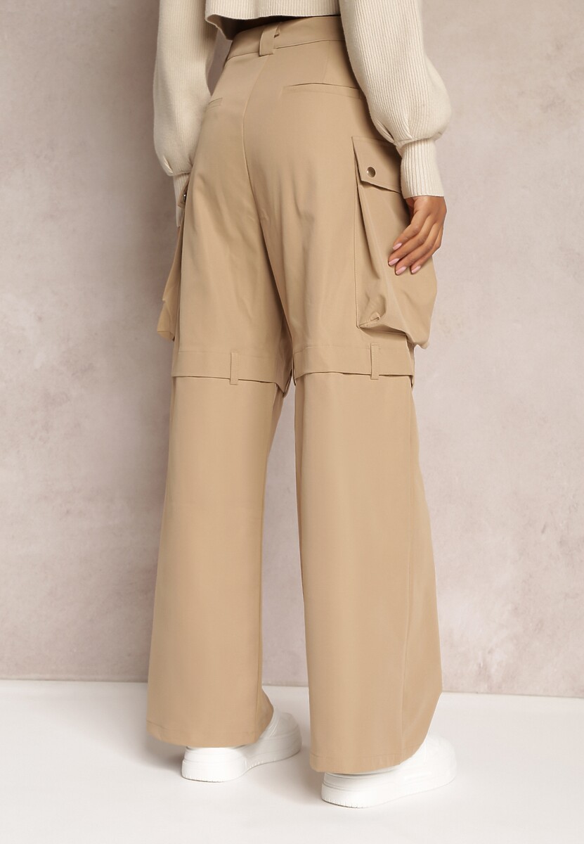 Beżowe Szerokie Spodnie High Waist w Stylu Cargo Vomisal