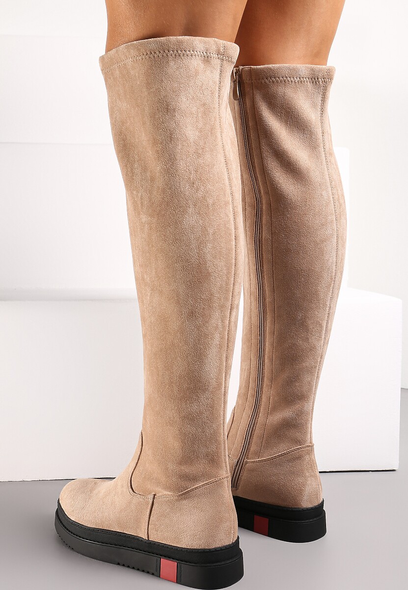 Ciemnobeżowe Kozaki na Niskiej Platformie za Kolano Zahrias