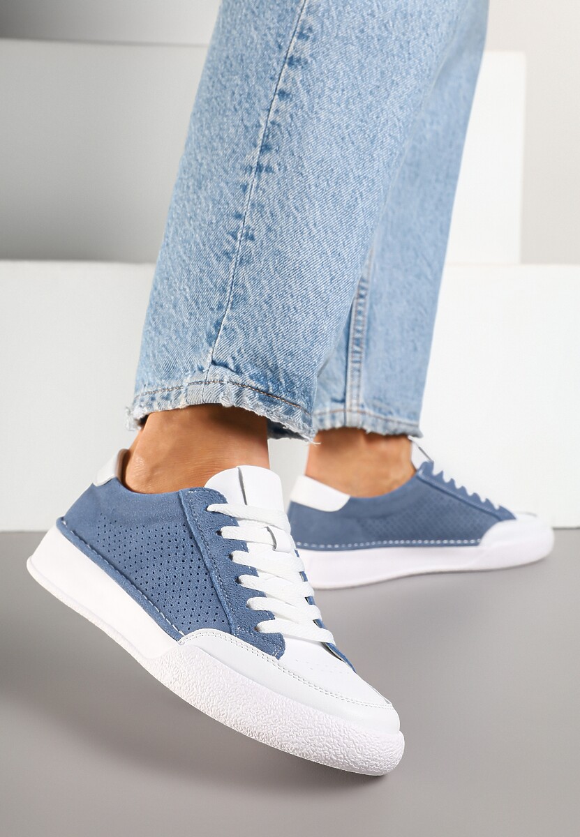 Niebieskie Sneakersy Zamszowe Ozdobione Perforacją ze Skórzaną Wkładką Ralnella