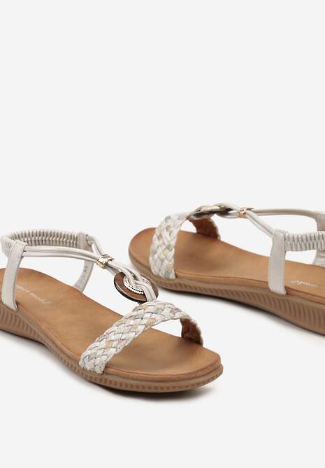 Srebrne Sandały na Wsuwanie z Drewnianą Okrągłą Wstawką Valmira