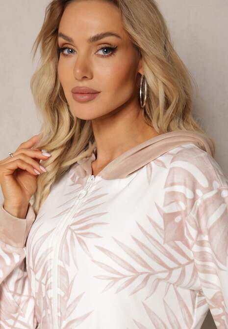 Ciemnobeżowy Welurowy Komplet Dresowy z Wzorzystą Bluzą z Kapturem i Joggerami Rouviana